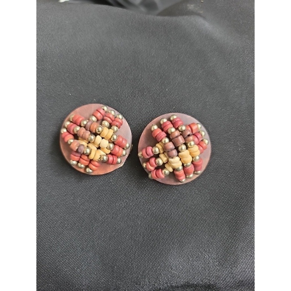 Vintage Clip On Wood & Beaded Earrings